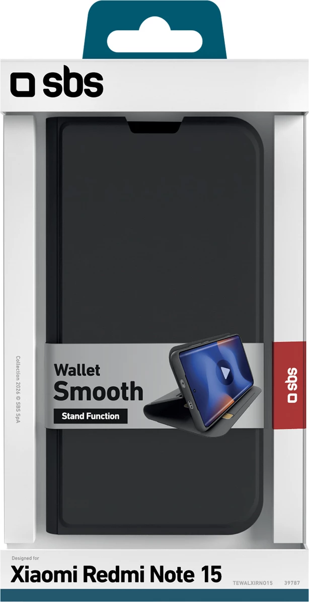 Mbështjellës SBS Wallet Smooth për Xiaomi Redmi Note 15, flip, me stand, slot karte, i zi, në kuti