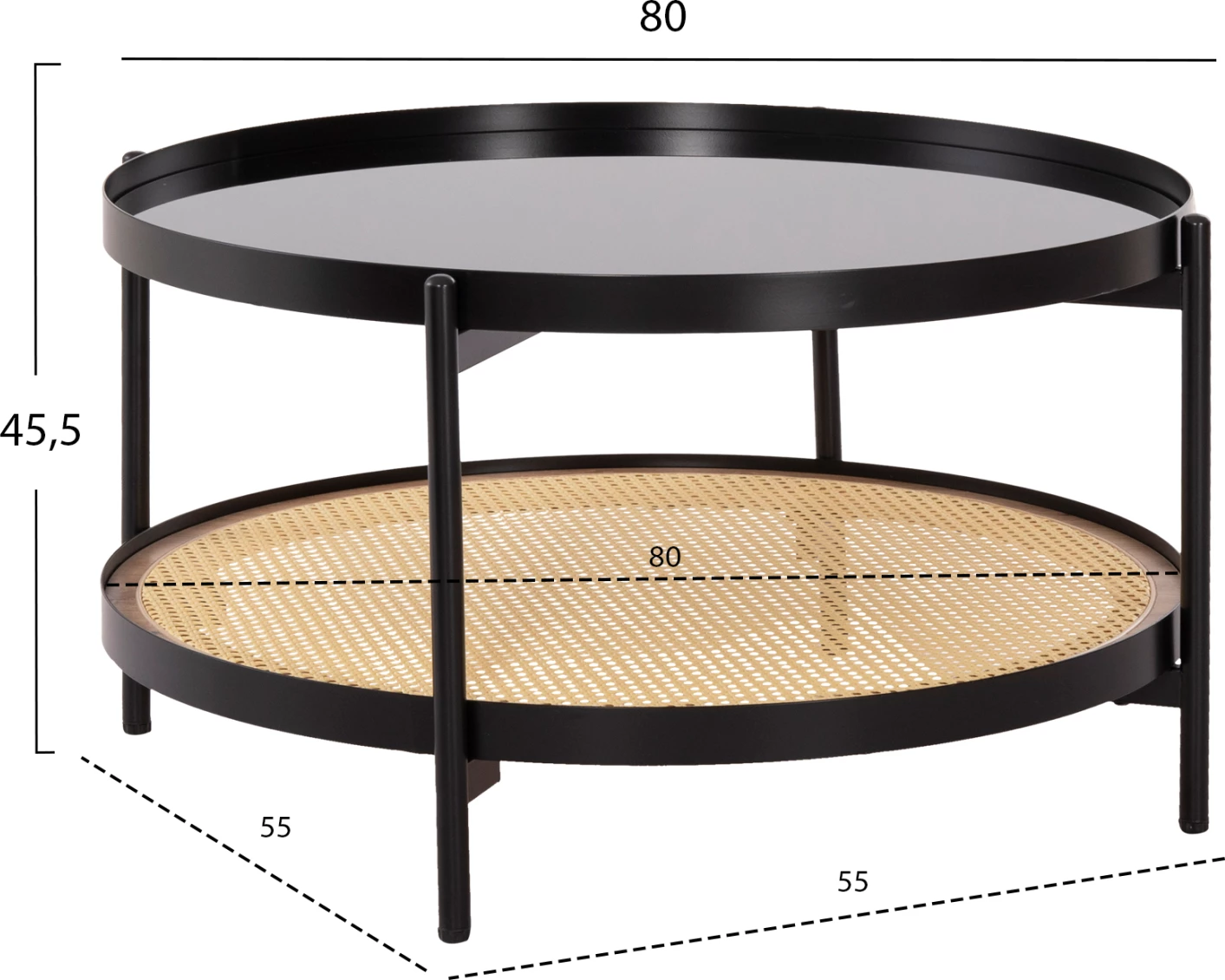Tavolinë kafeje SEITZ FH18030, sipërfaqe xhami, metal-ratan, Φ80x45Hcm