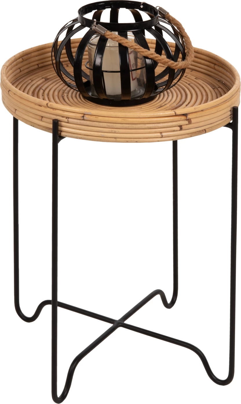 Tavolinë anësore rrethore FLY, rattan natyral, bazë metalike e zezë, Φ40x53H cm