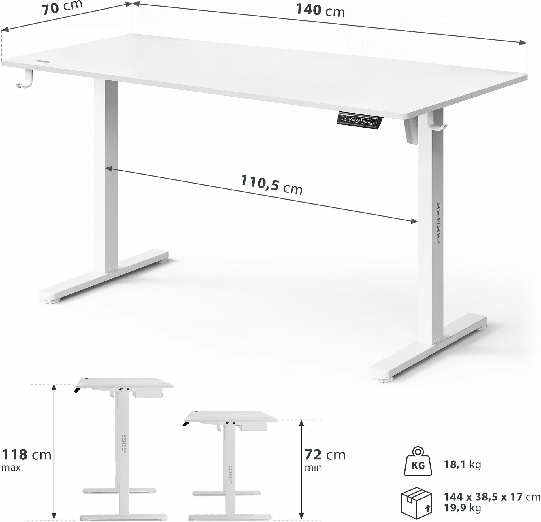 Tavolinë elektrike gaming SENSE7 NOJO LIGHT 140x70 cm, lartësi 72-118 cm, e bardhë