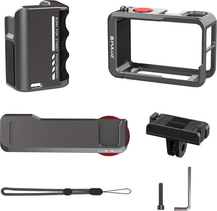 Kasë mbrojtëse metalike me dorezë Puluz PU1058TS për DJI Osmo Action 5 Pro/Action 4/Action 3, 167 g, set 7 copë, e zezë