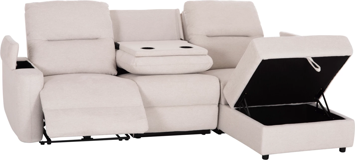 Këndare e djathtë SYNTHIA, 3 vende, stof bezhë, recliner elektrik & hapësirë për ruajtje, 246x159x97cm