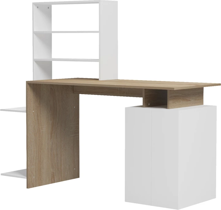 Tavolinë zyre me raft dhe dollap Meza, ngjyrë sonoma-bardhë, 146.3x55x128.8cm