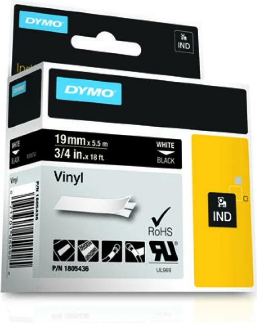 Shirit etiketimi vinyl, Dymo, Rhino Coloured Vinyl 1805436, 19mm x 5.5m, e bardhë/tekst i zi