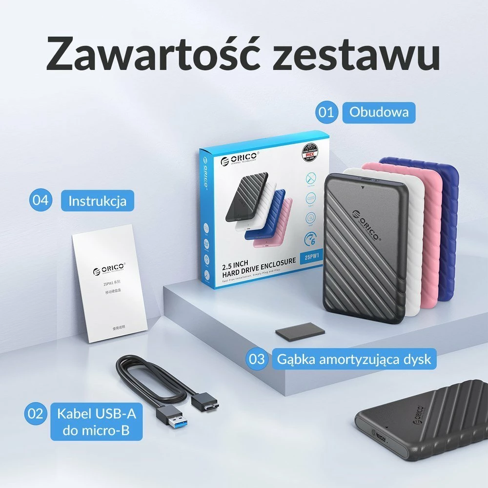 Kasë e jashtme për disk 2.5" Orico SATA USB 3.2 Gen 1, micro-B, deri 6TB, e zezë, me kabllo