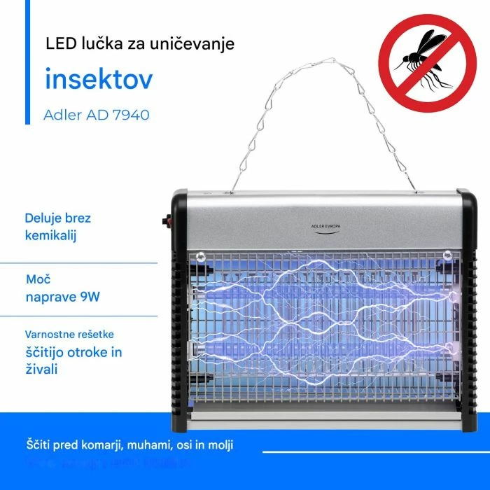llambë insektesh ADLER AD7940 LED 9W, 2200V, deri 150 m², argjend/zezë, me zinxhir varëse
