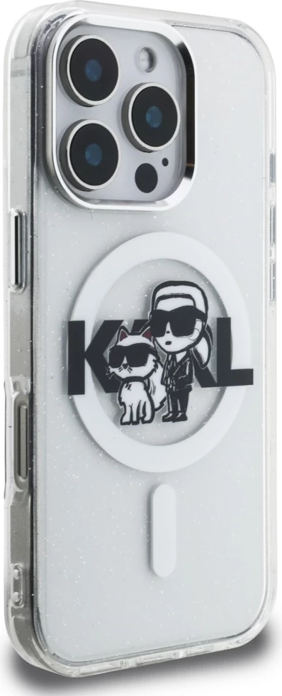 Mbështjellës MagSafe Karl Lagerfeld IML Glitter Karl & Choupette Sketch Logo, TPU/PC, për iPhone 16 Pro Max, i tejdukshëm, në kuti