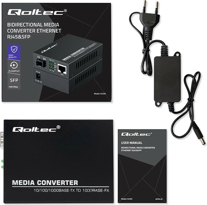 Konvertues media Qoltec 52295, 1x RJ45, 1x SFP, 1000Mb/s, i zi