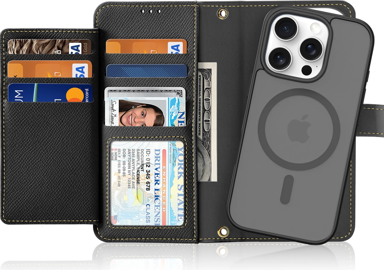 Mbështjellës Dux Ducis Lawa për iPhone 16 Pro Max, lëkurë, me portofol magnetik, i zi