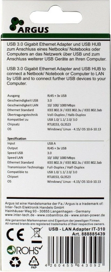 Adapter USB hub Inter-Tech ARGUS IT-310, 3x USB 3.2, RJ-45, alumini, zi