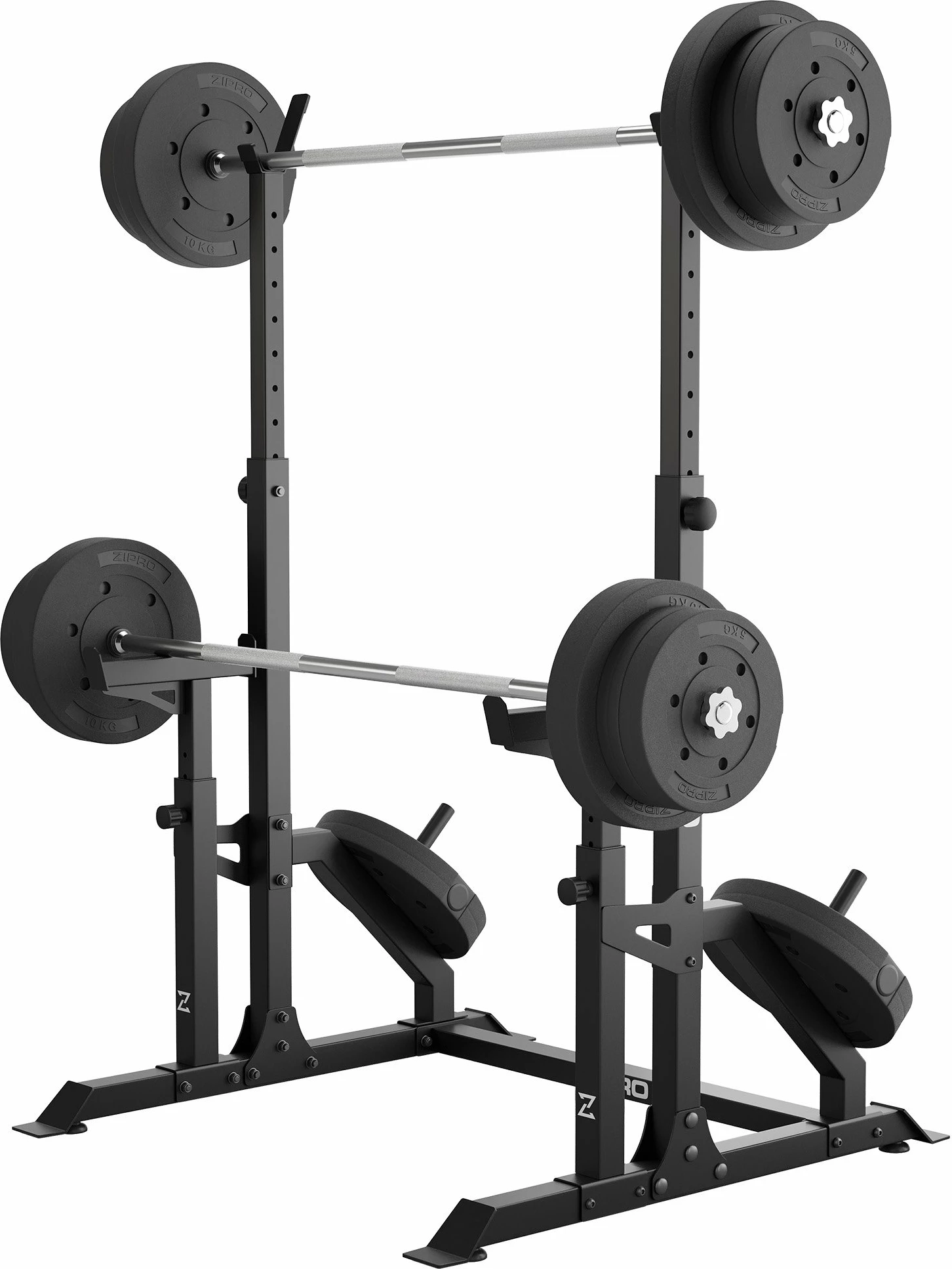 Rack për shtangë Zipro LIFT, i rregullueshëm me safety dhe mbajtëse për disqe, 320 kg, i zi