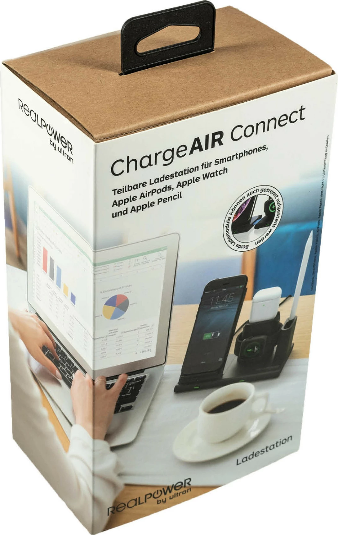 Karikues wireless RealPower ChargeAIR Connect, stacion 3-në-1, 10W, USB-C, i zi