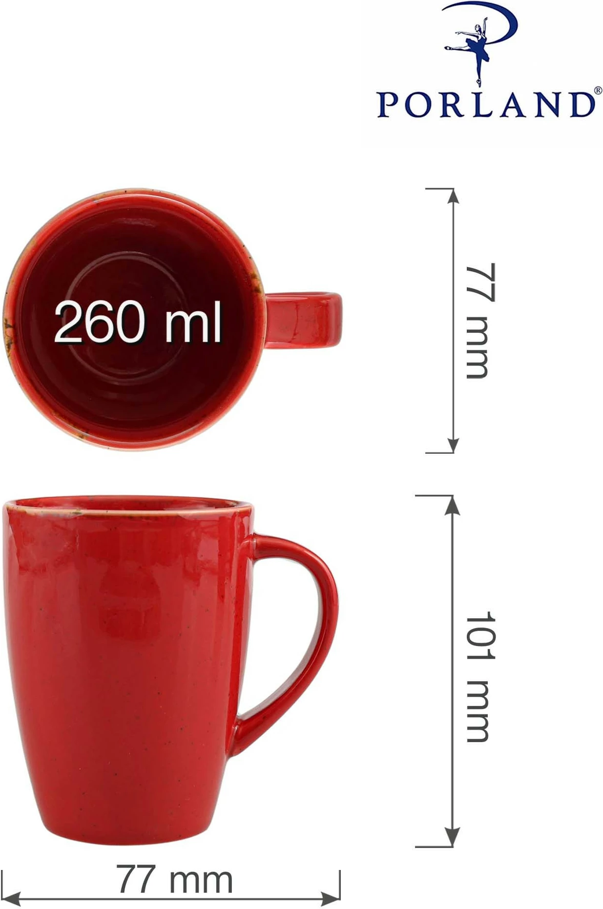 Mug porcelani Porland Seasons Magma 260 ml, e kuqe, set 6 copë