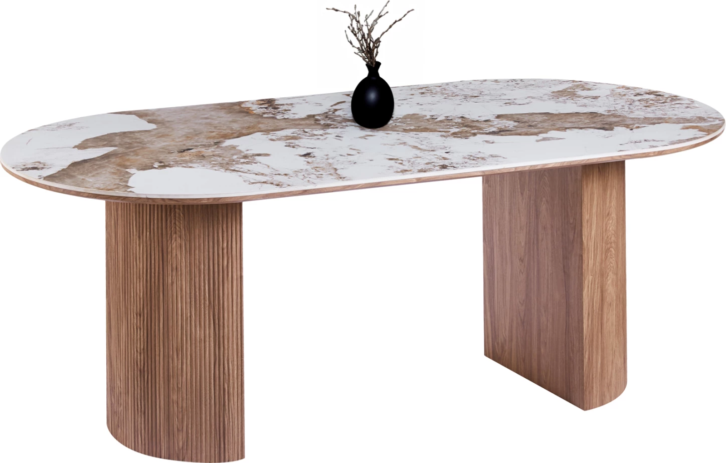 Tavolinë ngrënie ovale MARBLEX, sipërfaqe qeramike Pandora, këmbë MDF ngjyrë arre, 210x100x77cm