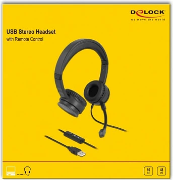 Kufje me mikrofon DeLOCK, USB-A, komandë në kabllo, kabëll 1.5 m, të zeza