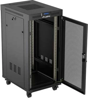 Kabinet rack LANBERG 19" 24U 600x800, qëndruese, dyer të perforuara, panel LCD, e zezë