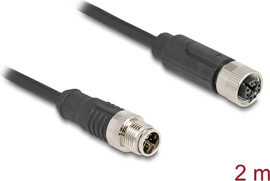Kabllo rrjeti DeLOCK M12 X-coded 8-pin (Mashkull-Femër), Cat5e, 2 m, e zezë
