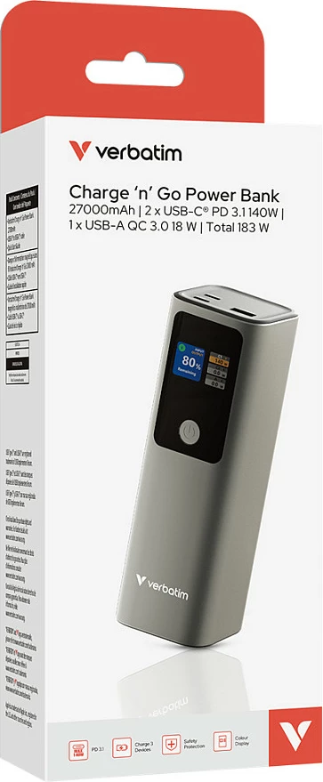 Power bank Verbatim Charge 'n' Go 27000mAh, 183W, PD 3.1/QC 3.0, Gri
