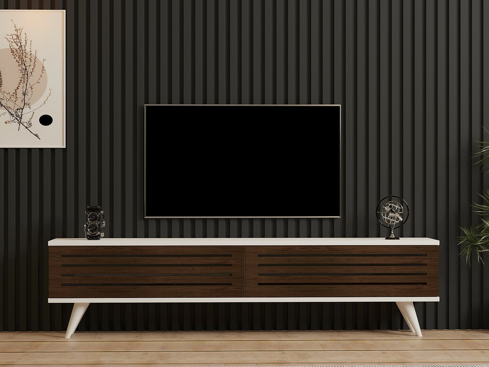 Komodë TV Hanah Home, Hill, ngjyrë arre dhe e bardhë