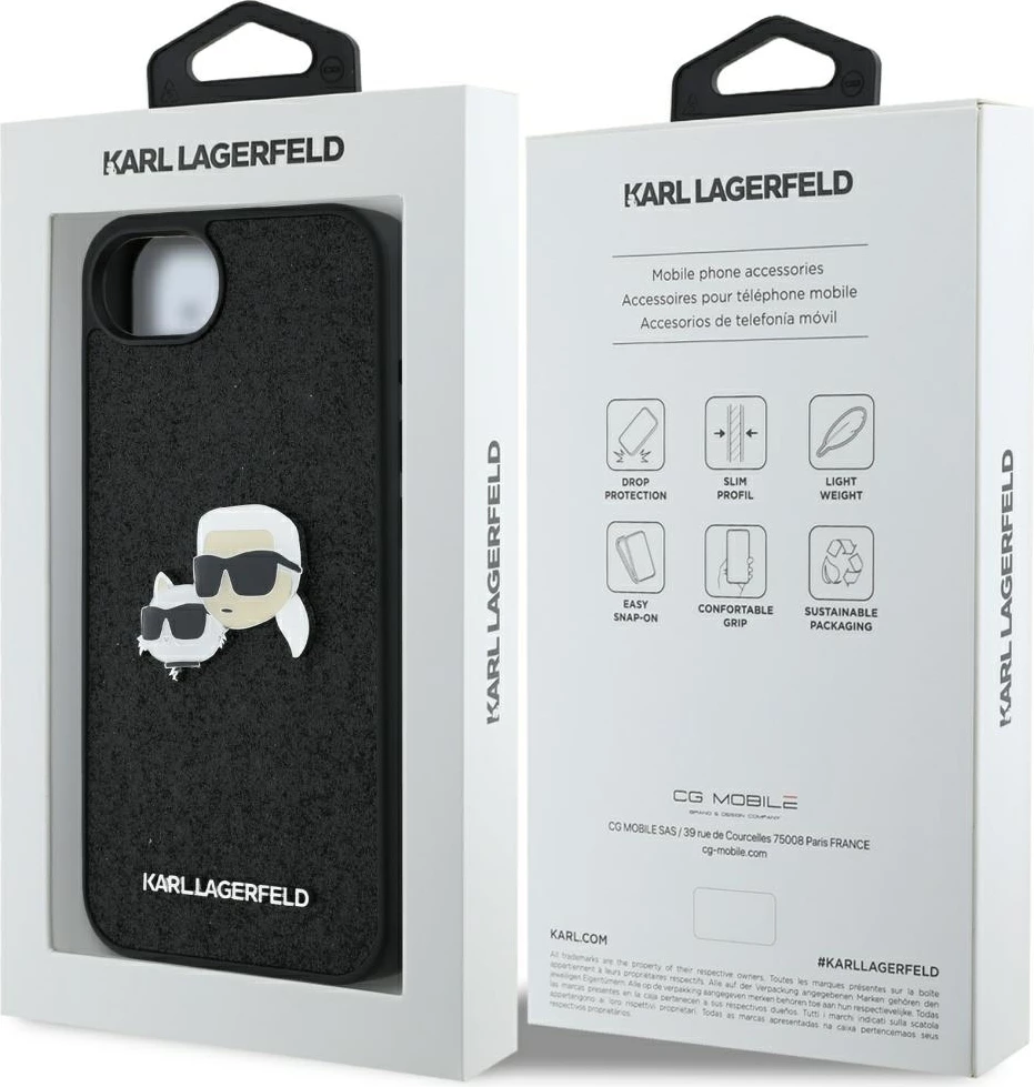 Mbështjellës Karl Lagerfeld Fixed Glitter Karl&Choupette Heads Metal Pin për iPhone 16e, i zi