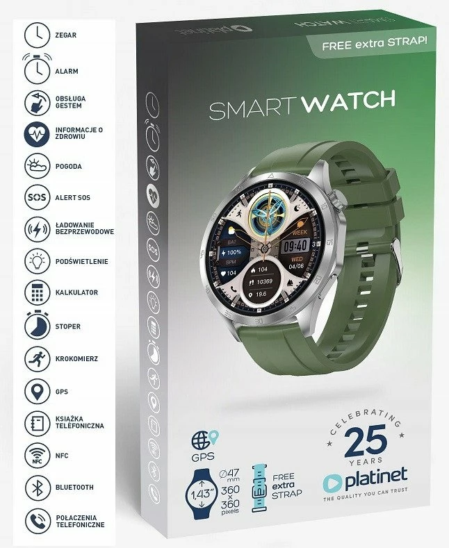 Smartwatch NoName PSMART20S 1.43\" IPS, GPS, NFC, 270mAh, 360x360, jeshile, me rrip shtesë