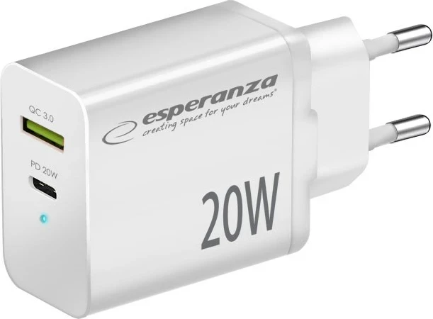Karikues Esperanza EZC105W, 20W, Quick Charge 3.0, 1x USB-A, 1x USB-C, Bardhë