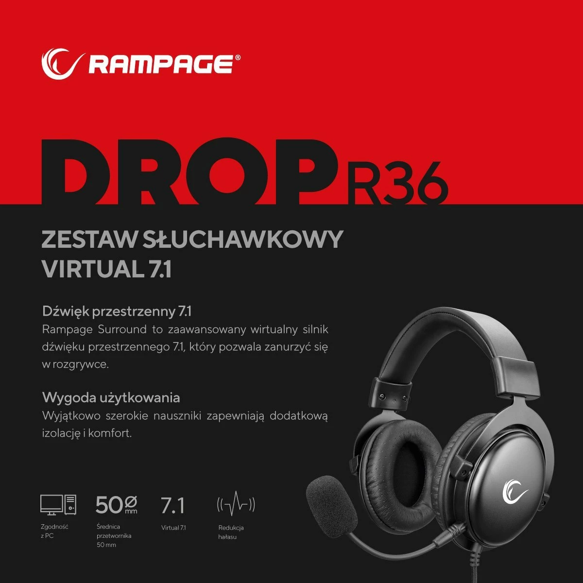Kufje gaming Rampage R36 Drop 7.1, me kabllo, mikrofon, 50 mm, të zeza