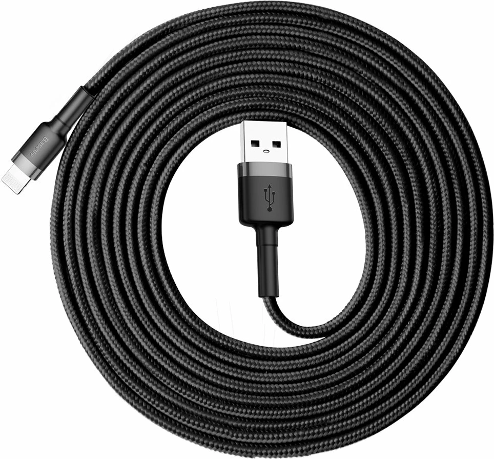 Kabllo Baseus Cafule CALKLF-RG1, USB-A në Lightning, 3m, 2A, QC 3.0, e zezë/gri