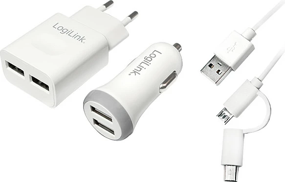 Kit karikimi USB-A LogiLink, 2x USB-A, 10.5 W, karikues muri + veture, i bardhë