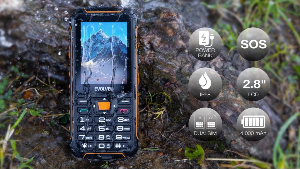 Celular me butona EVOLVEO StrongPhone SGP-Z6, IP68, 2 SIM, bateri 4000 mAh, ekran 2.8", i zi/portokalli
