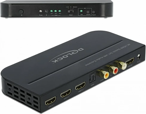 HDMI Switch DeLOCK 3x HDMI në 1x HDMI, 4K@60Hz, Audio Extractor, i zi