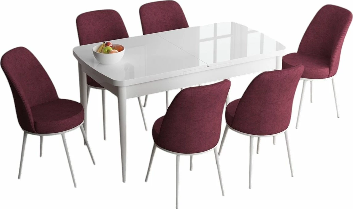 Tavolinë me karrige për ngrënie, e zgjatshme, 7 copë, Skye Decor, e bardhë dhe burgundy