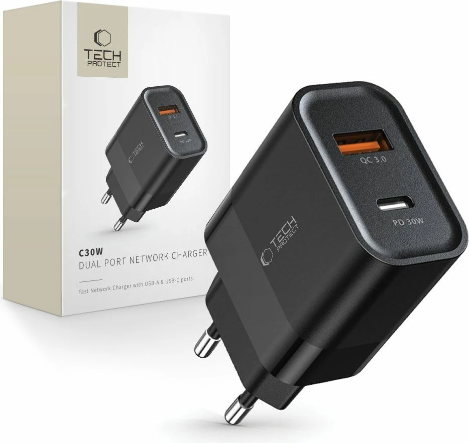 Karikues prizës Tech-Protect C30W, 30W, 2 porta USB-C & USB-A, i zi
