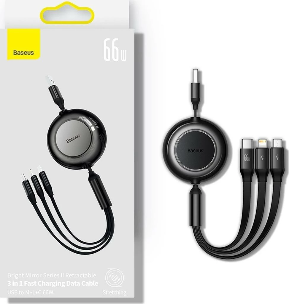 Kabllo USB Baseus Bright Mirror 2 CAMJ010101 3-në-1 retraktile 1.1 m 66W USB-A në USB-C/microUSB/Lightning, e zezë