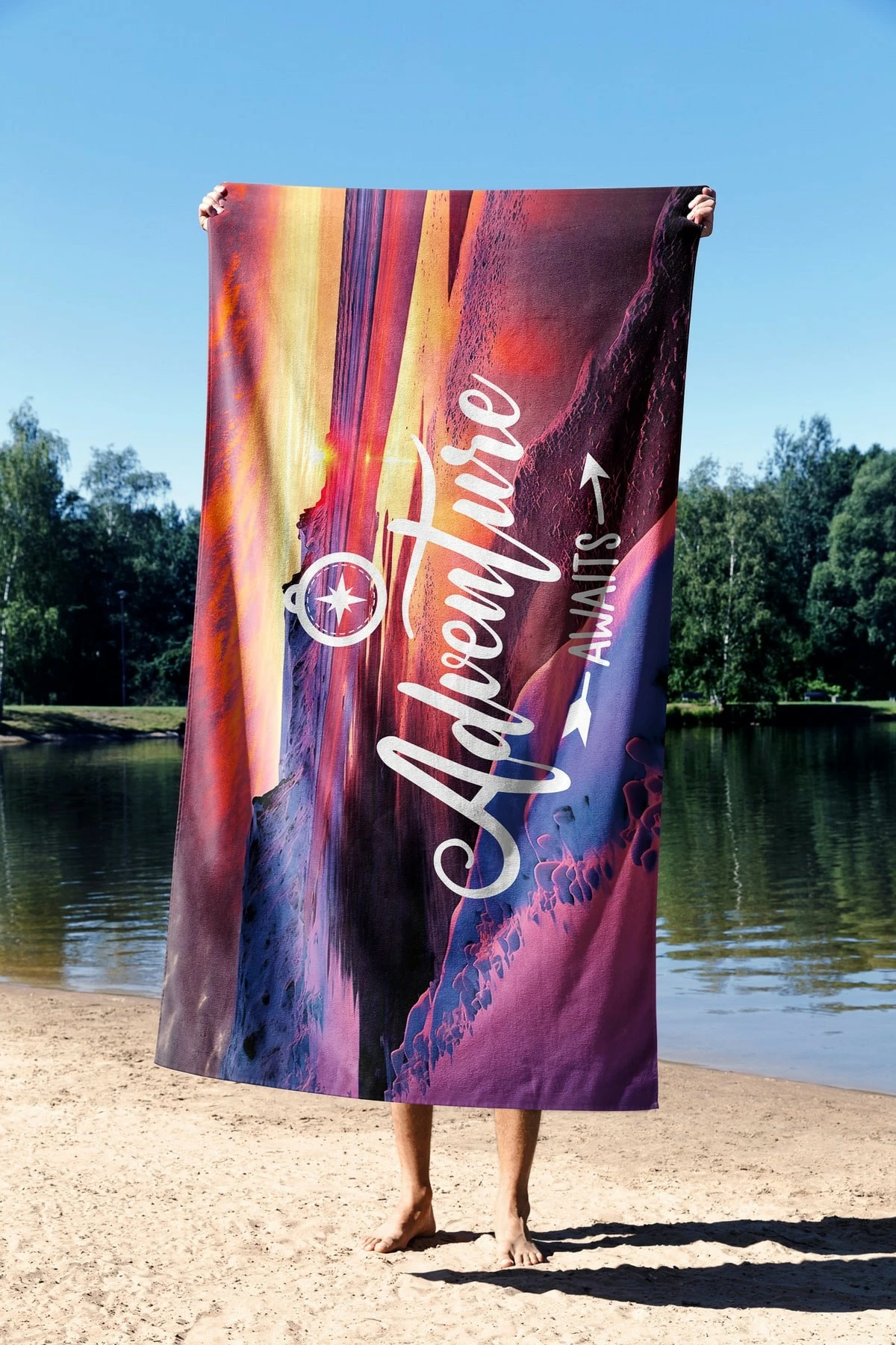 Peshqir plazhi Mijolnir, Adventures Awaits, shumëngjyrësh, 90x150cm