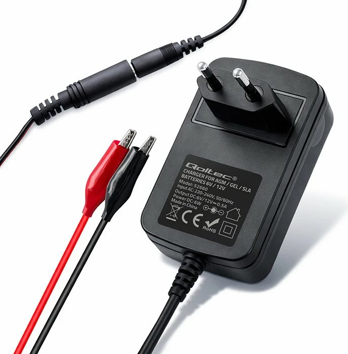 Karikues akumulatori Qoltec 52660 6V/12V 6W 5.5x2.1, kabllo 1.8m, i zi