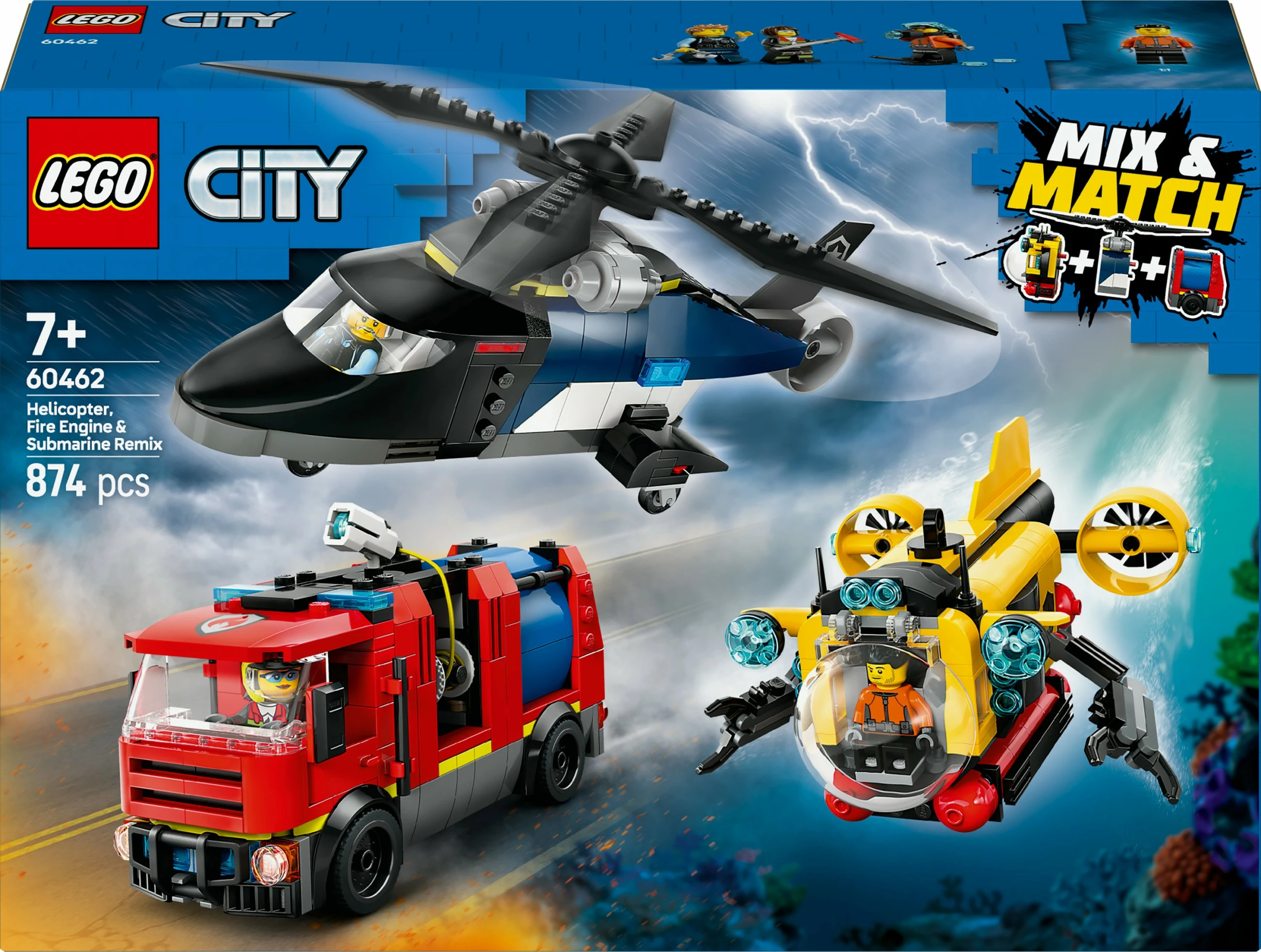 Set ndërtimi LEGO City 60462, helikopter, kamion zjarrfikës, nëndetëse, 874 pjesë, multingjyrësh