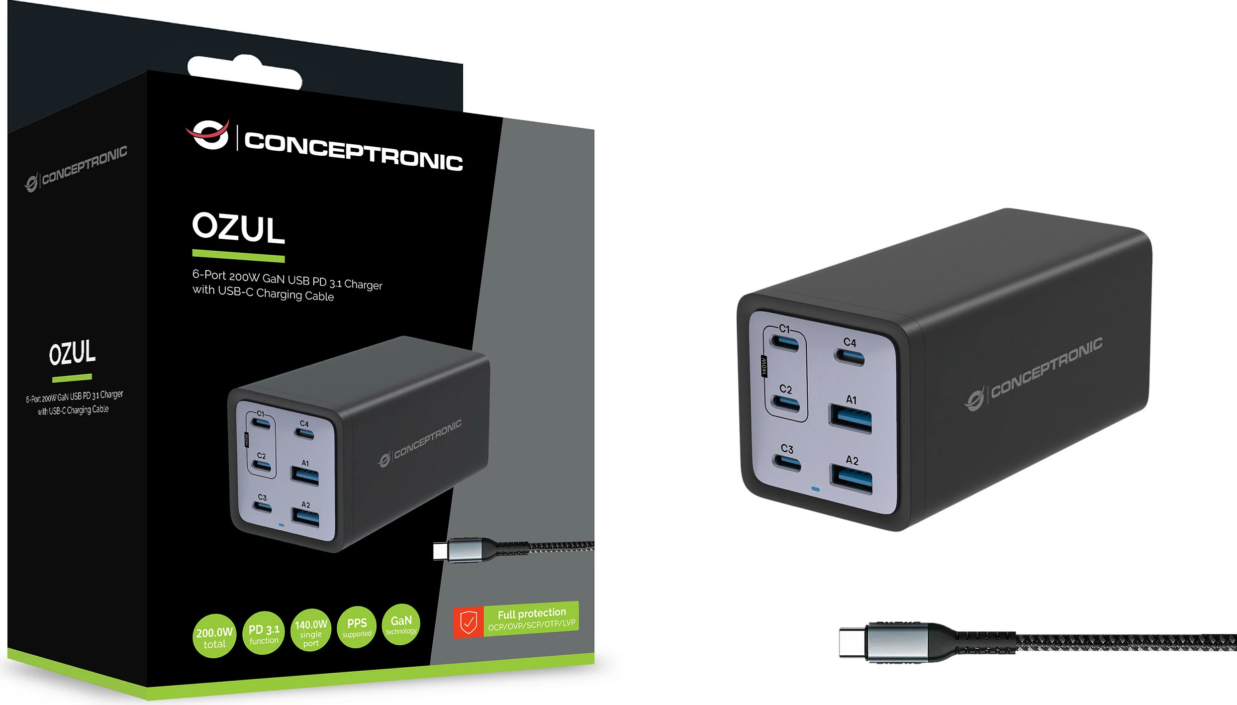 Karikues USB Conceptronic 6-Port 200W GaN PD 3.1, 4x USB-C 2x USB-A, me kabllo USB-C në USB-C, i zi