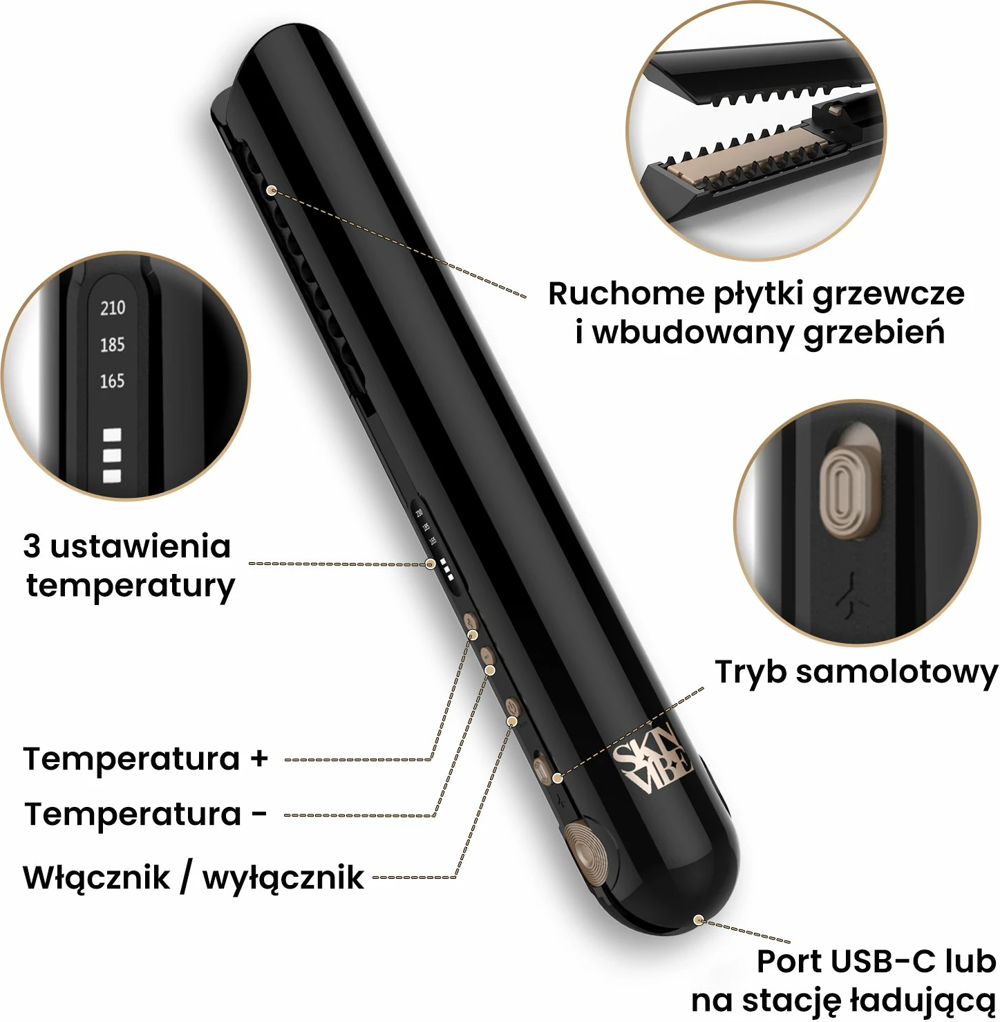 Drejtues flokësh pa kabllo SkinVibe Luna MiniWireless SV-003BK, 210°C, pllaka qeramike 20 mm, 3 nivele temperature, LCD, e zezë, me qese mbrojtëse