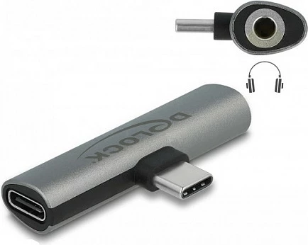 Adapter audio DeLOCK USB-C në 3.5mm + USB-C PD, 60W, i hirtë