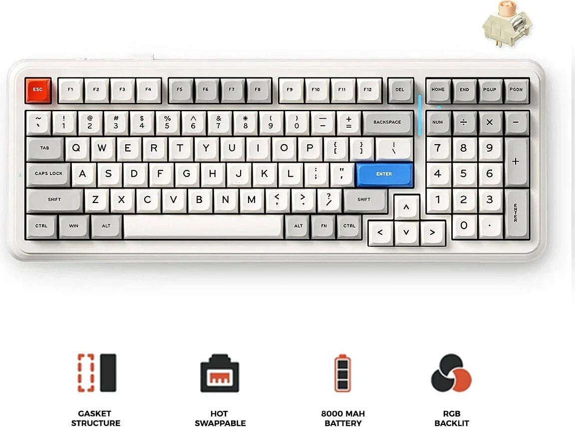 Tastierë gaming mekanike MCHOSE K99 V2 96% US layout tri-mode RGB hot-swap 8000 mAh Icy Creamsicle Retro White