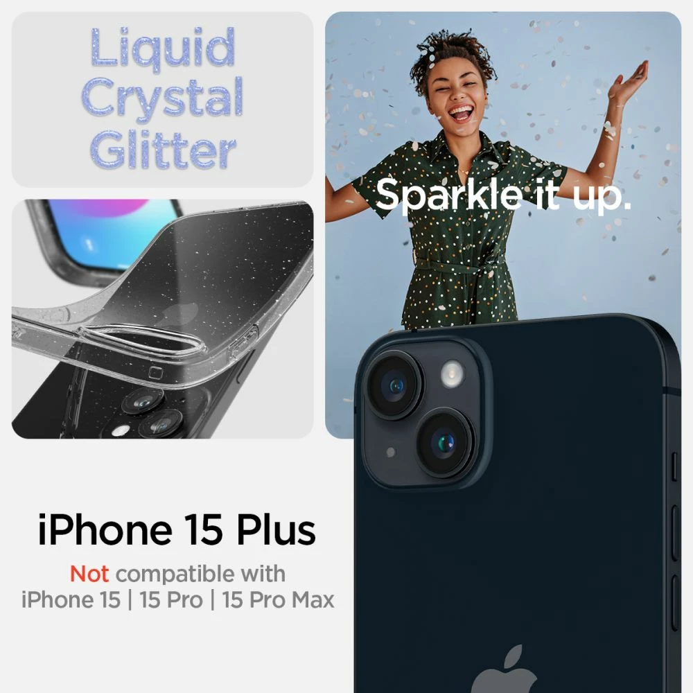 Mbështjellës Spigen Liquid Crystal Glitter për iPhone 15 Plus, Transparent me shkëlqim