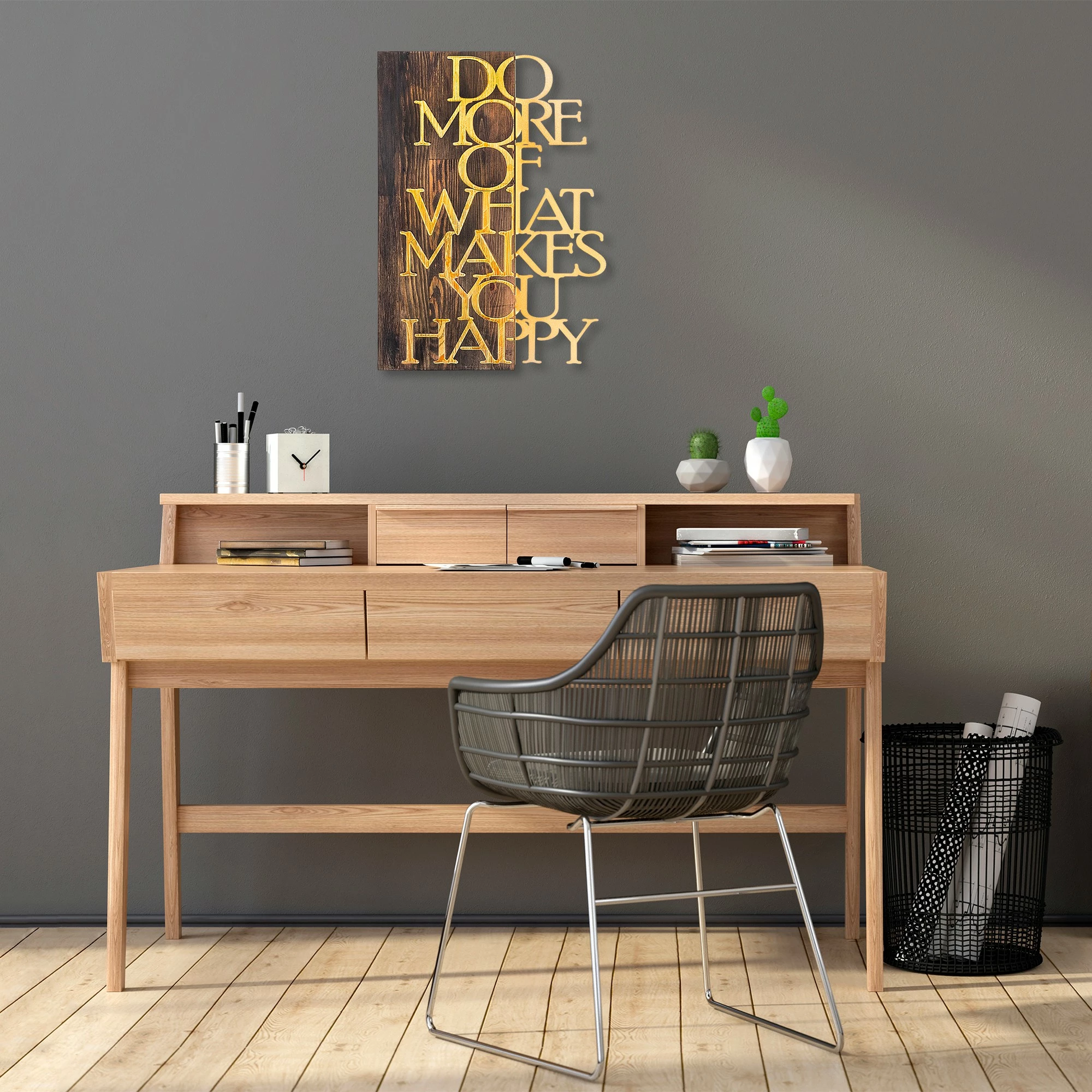 Aksesor dekorativ prej druri për mur, Wallity, Do More Of What Makes You Happy, ngjyrë ari