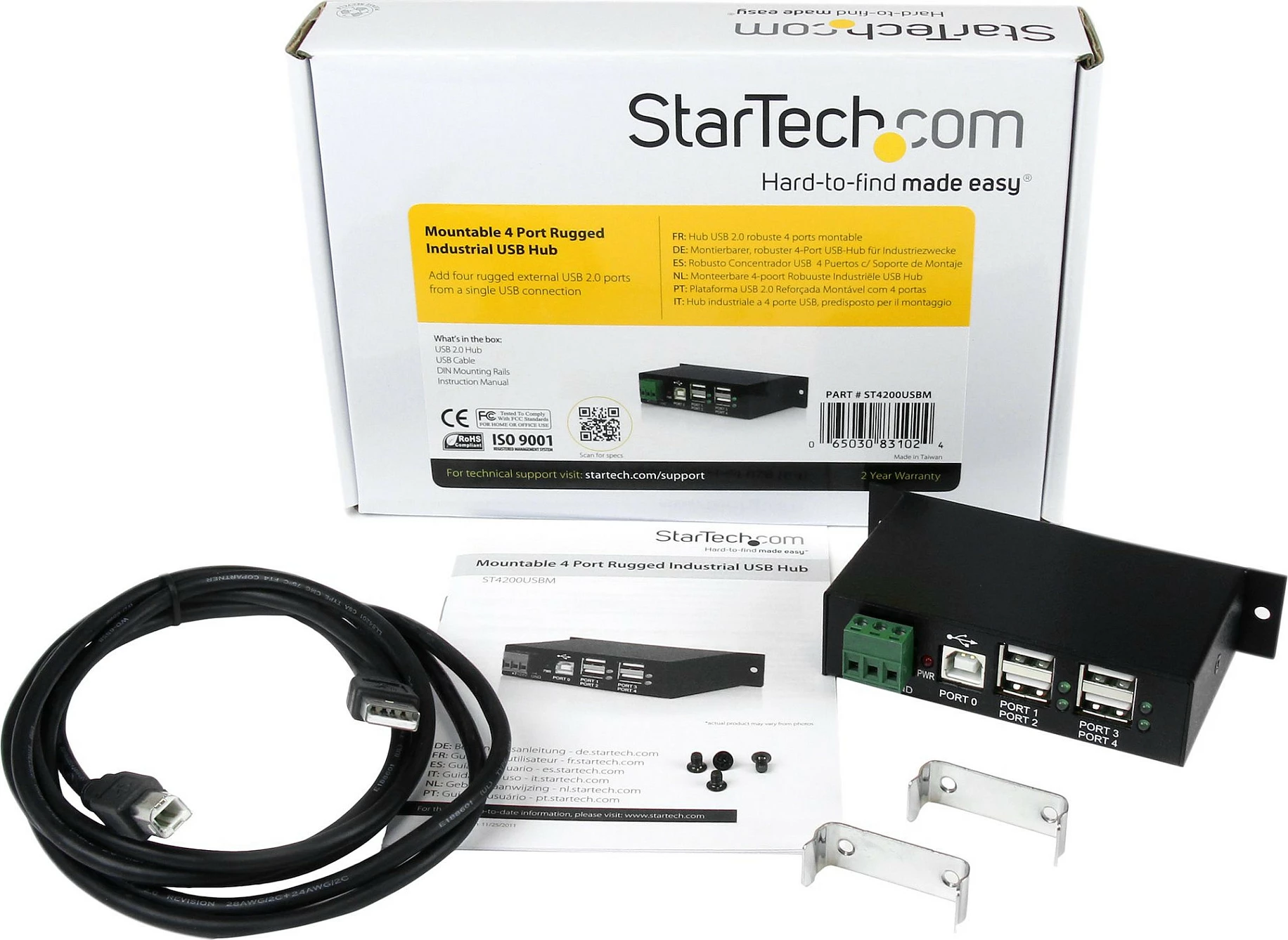 USB Hub industrial StarTech ST4200USBM, 4 porta USB 2.0, montim DIN Rail, 480 Mbit/s, zi