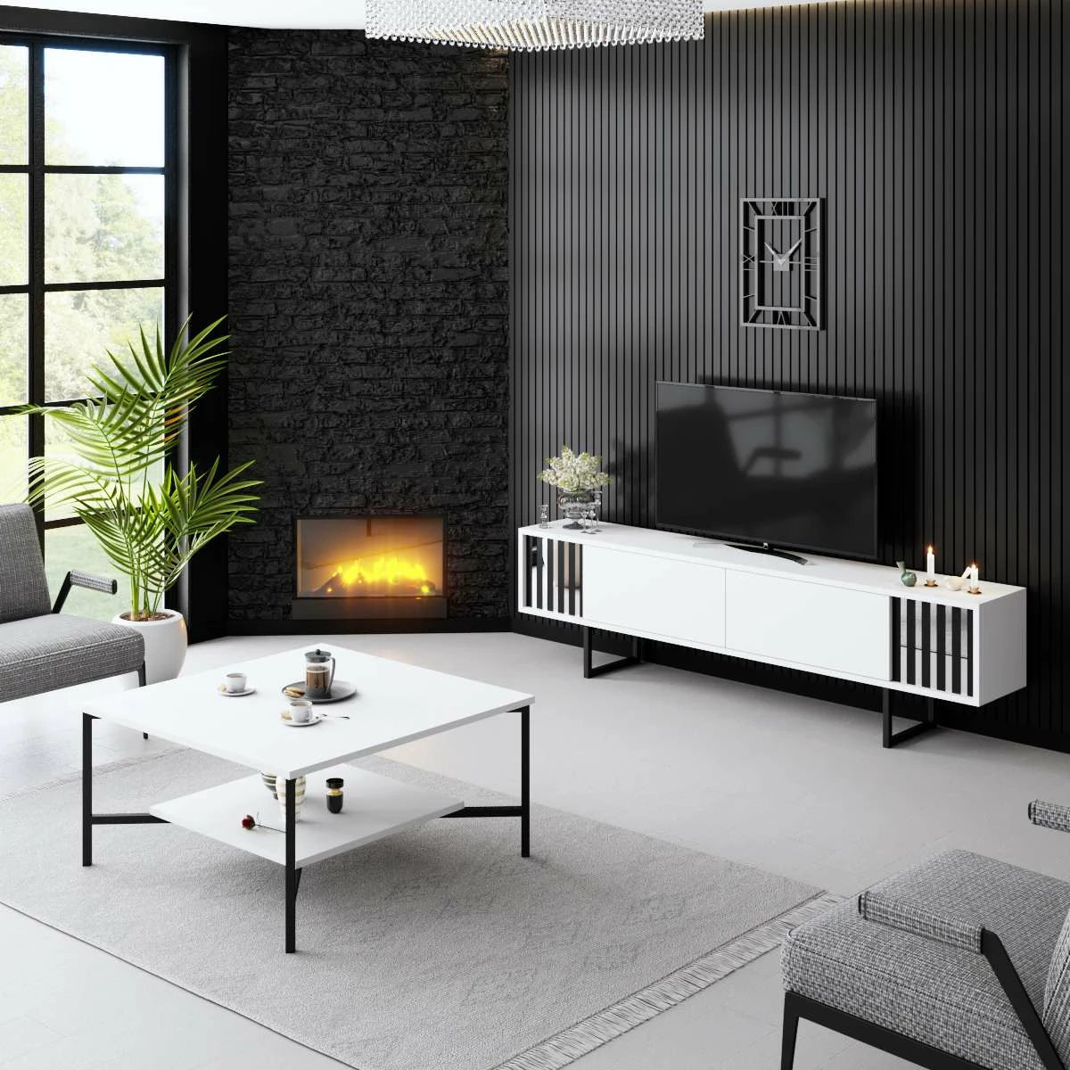 Komodë TV Hanah Home, Chrome Line, e bardhë dhe e zezë