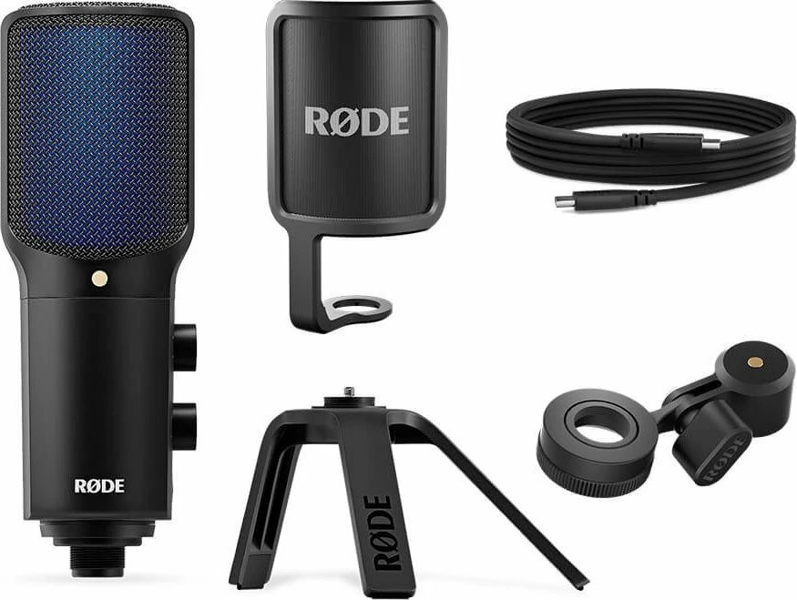 Mikrofon kondensator USB Rode NT-USB+ kardioid, USB-C, 20–20000 Hz, me tripod dhe pop filter, i zi