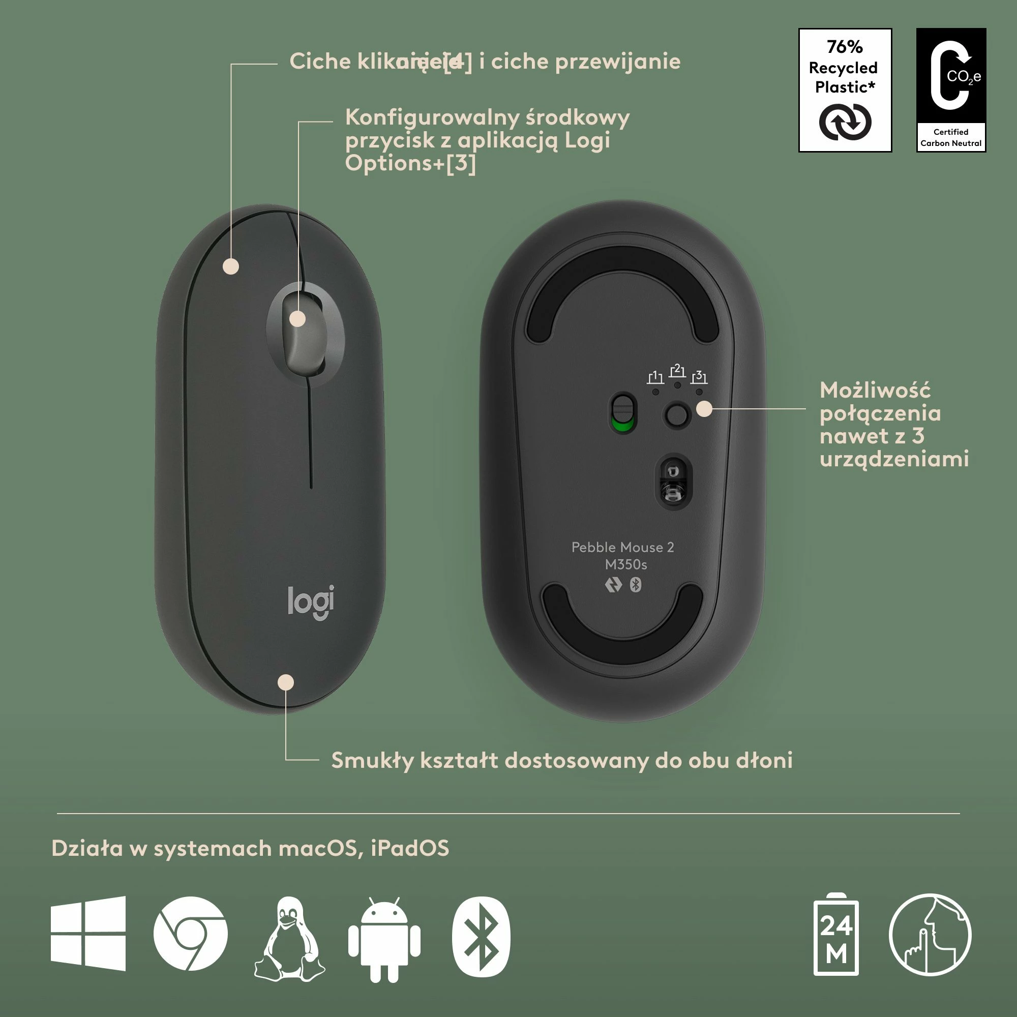 Set tastierë + Maus Logitech Pebble 2 Combo për Mac 920-012244, Bluetooth/Logi Bolt, US INTL, i zi