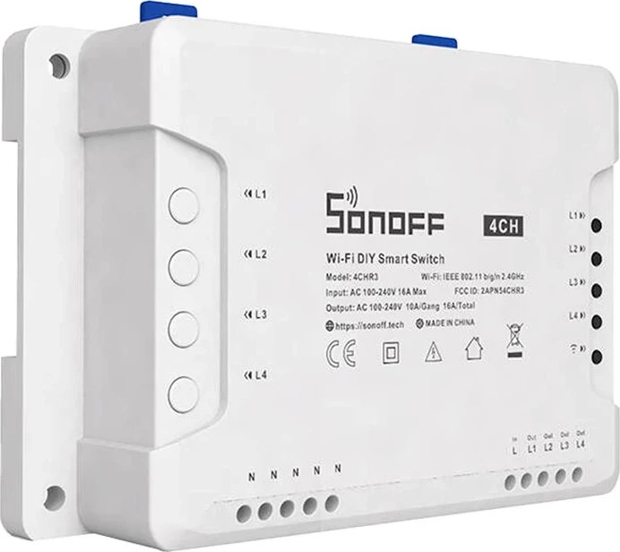 Ndërprerës i mençur Sonoff 4CHR3, 4 kanale, WiFi, i bardhë