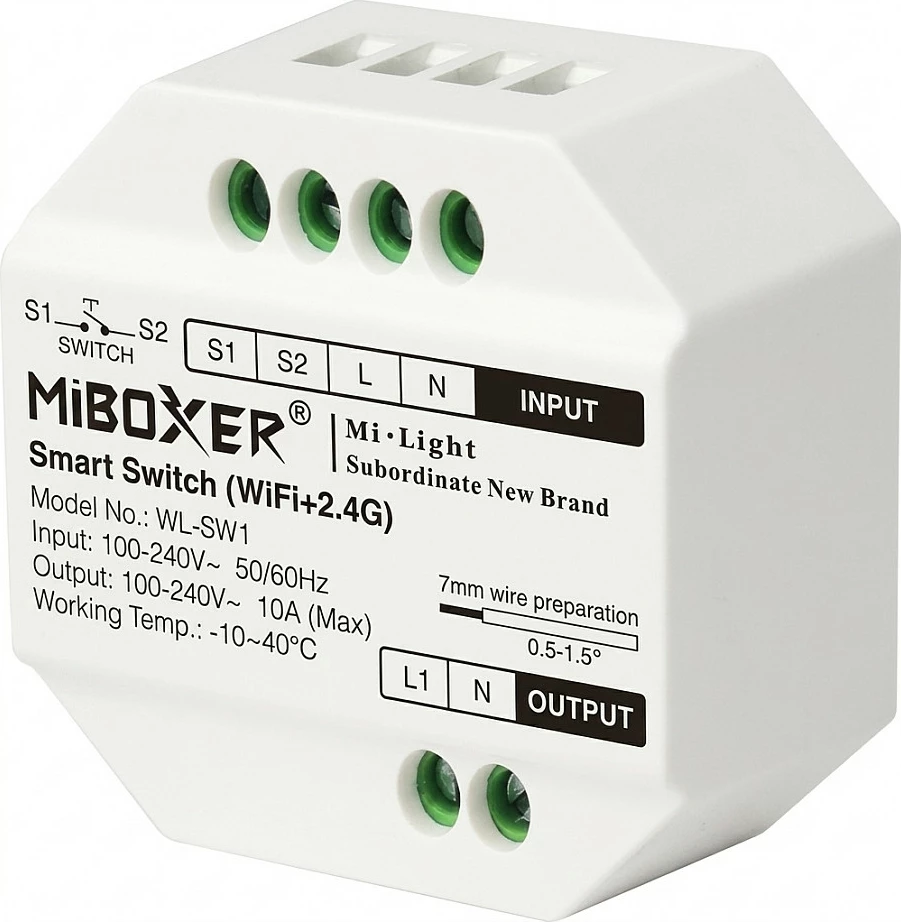 Switch smart WiFi Miboxer WL-SW1, 10A, WiFi+2.4G, 100-240V, i bardhë