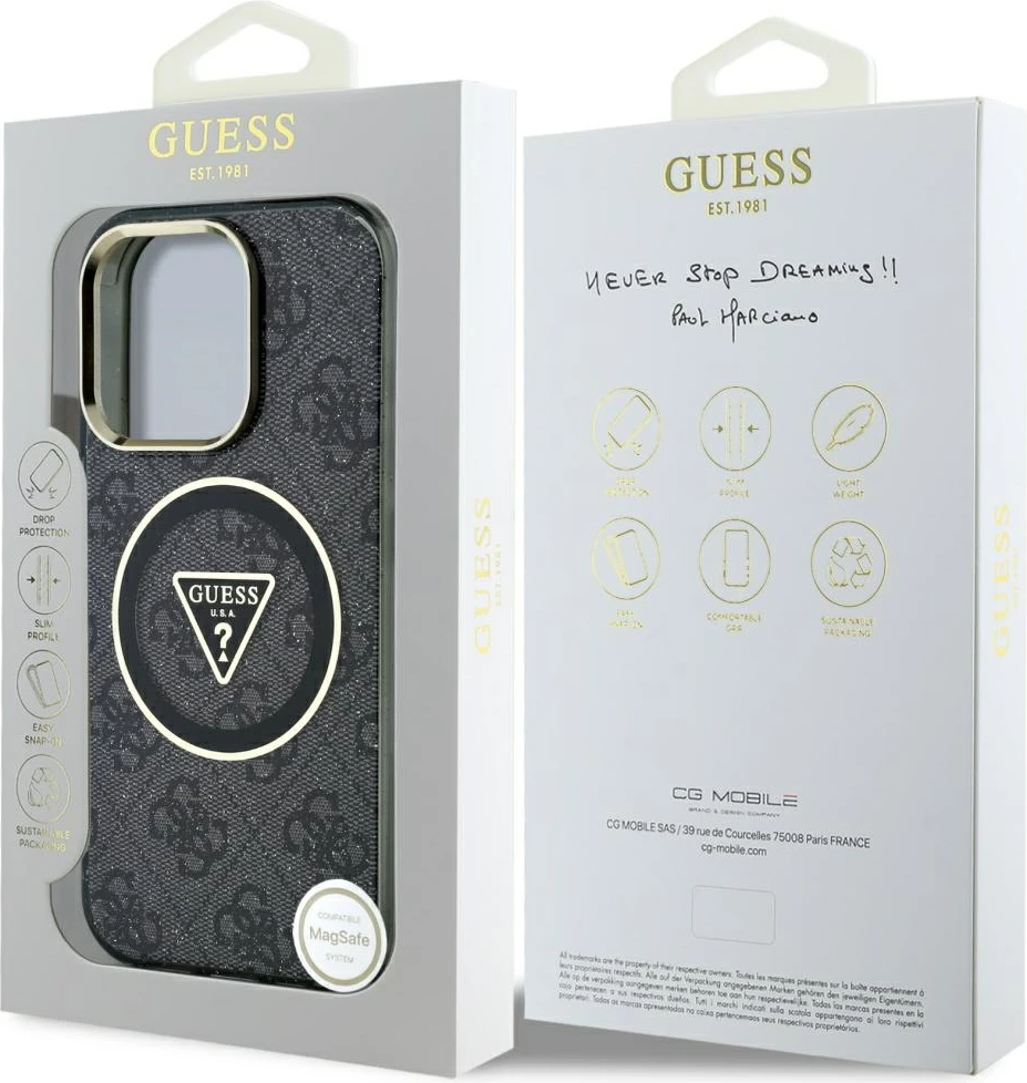 Mbështjellës Guess IML Metal Glitter 4G Circle Triangle MagSafe për iPhone 16 Pro, Zi
